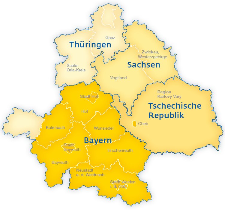 Karte von Sachsen, Thüringen, Bayern und Tscheschien