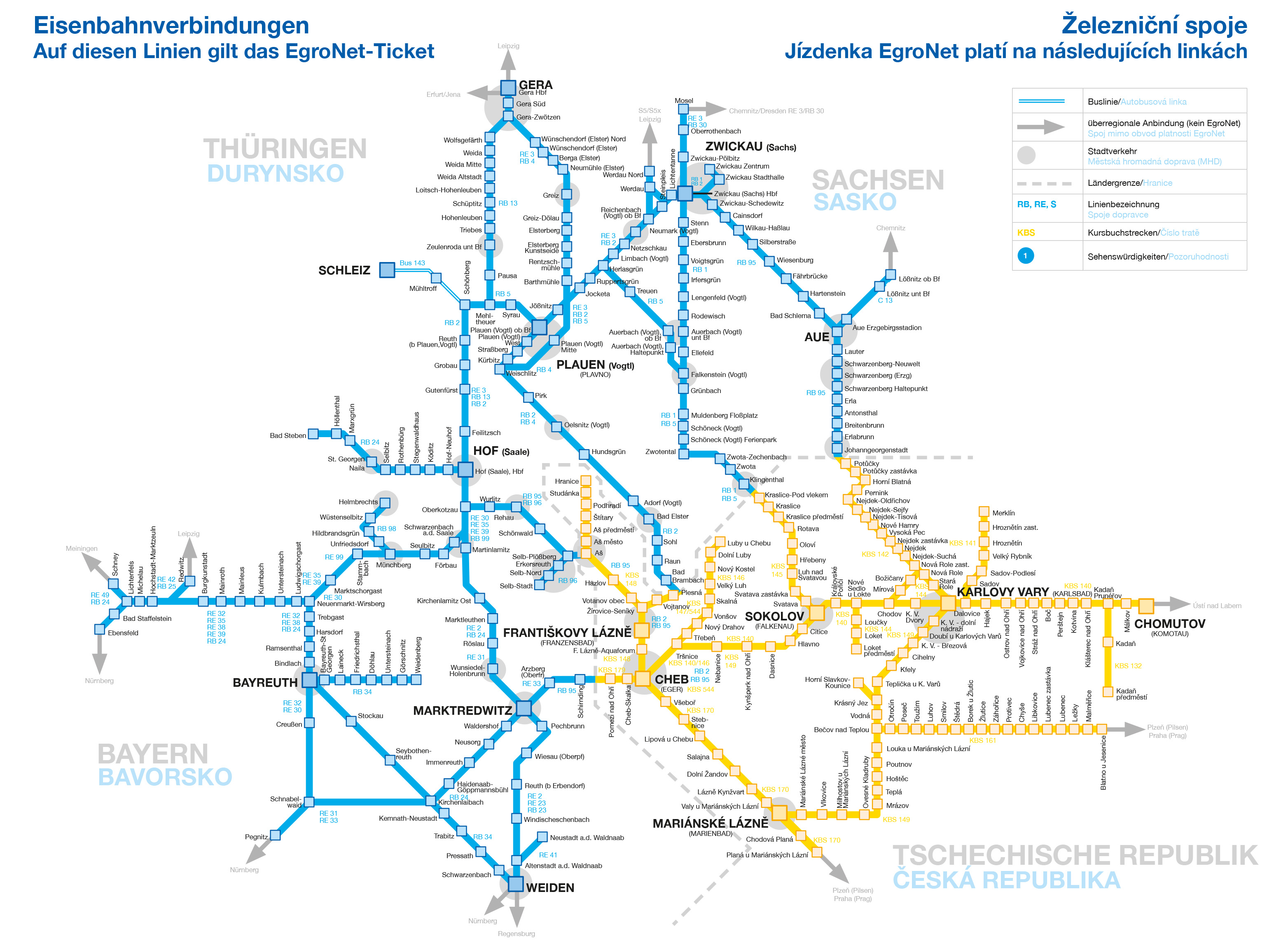 [Translate to český:] Netzkarte mit den Bahnlinien in der EgroNet-Region